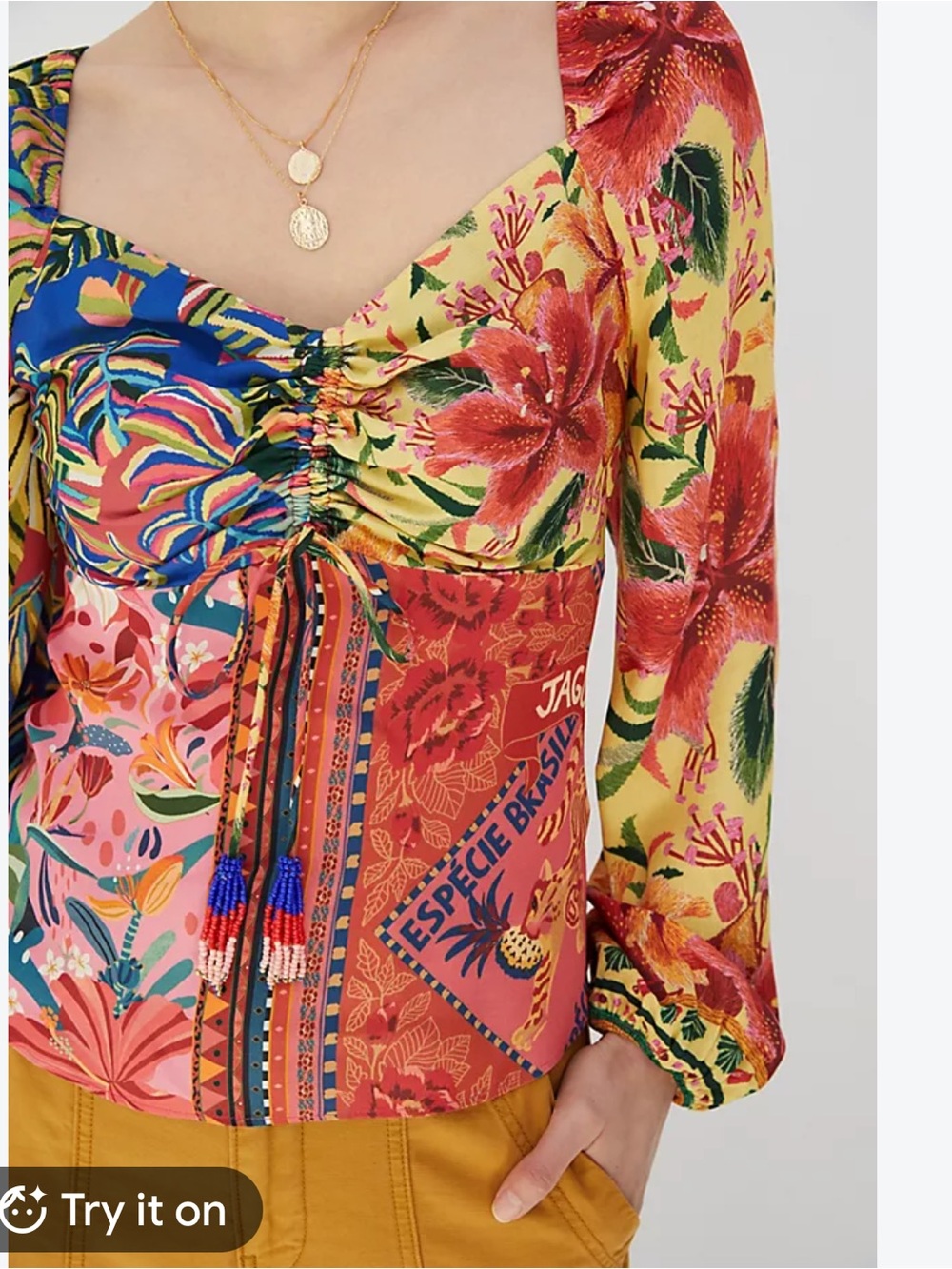 FARM Rio Multicolor Floral Ruched Puff-Sleeve Blouse with Tassel Ties
